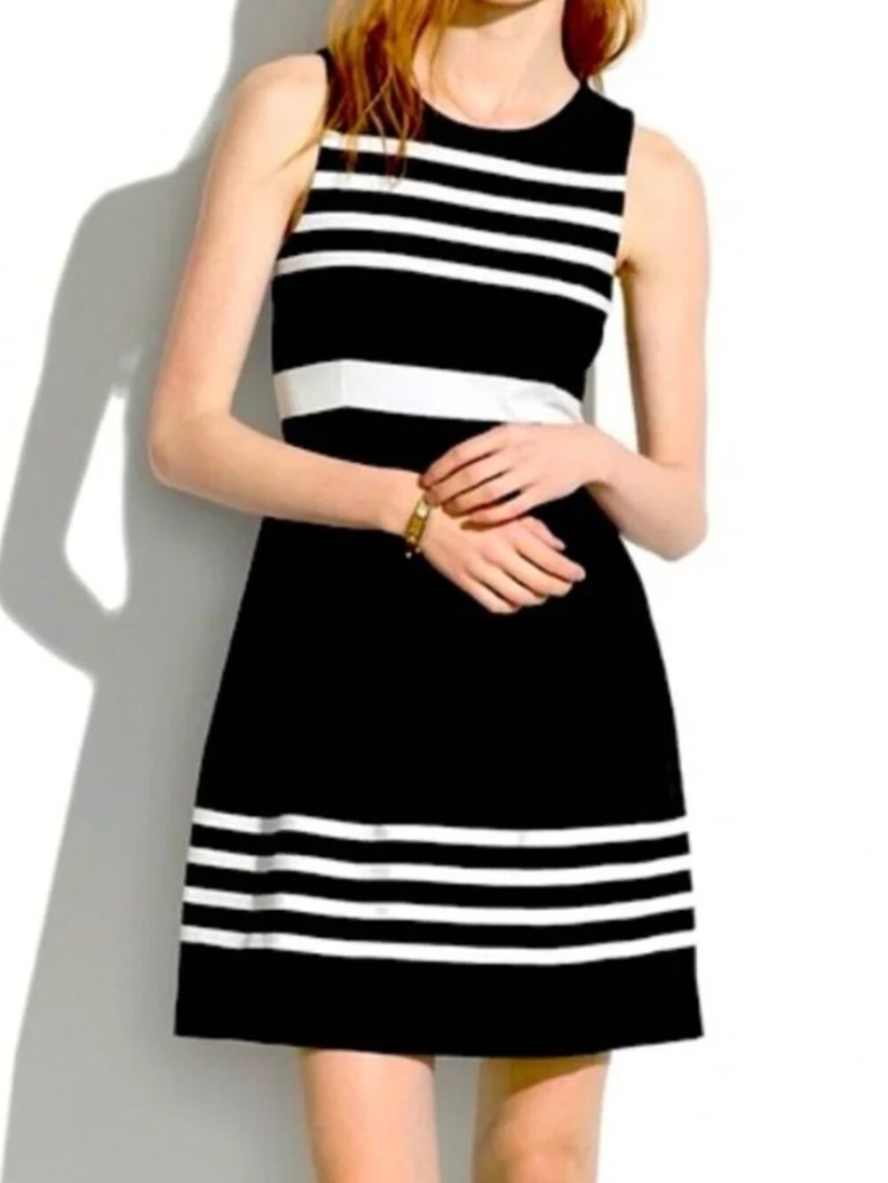 J. CREW Factory Striped Daybreak Dress Black White Sleeveless Mini Fit & Flare - Picture 3 of 16